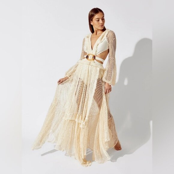 PatBO ! Netted Long Sleeve Fringe Beach Dress in Ivory ( Small ) - Picture 5 of 14